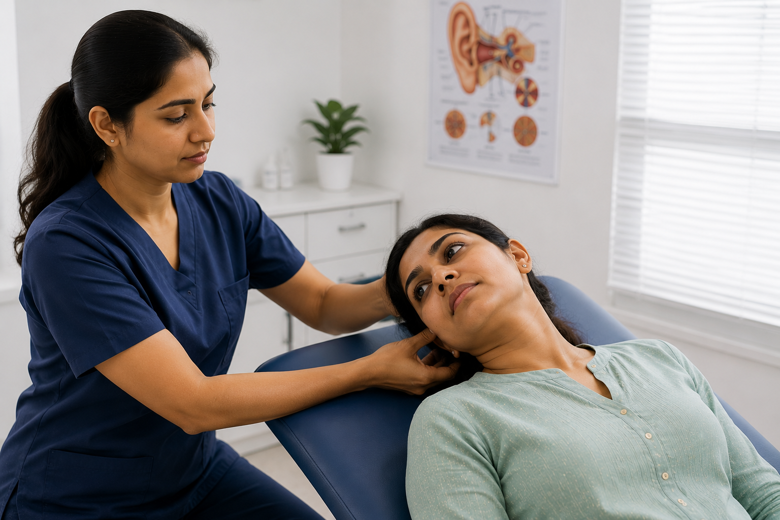 Indian specialist assisting a patient with head positioning